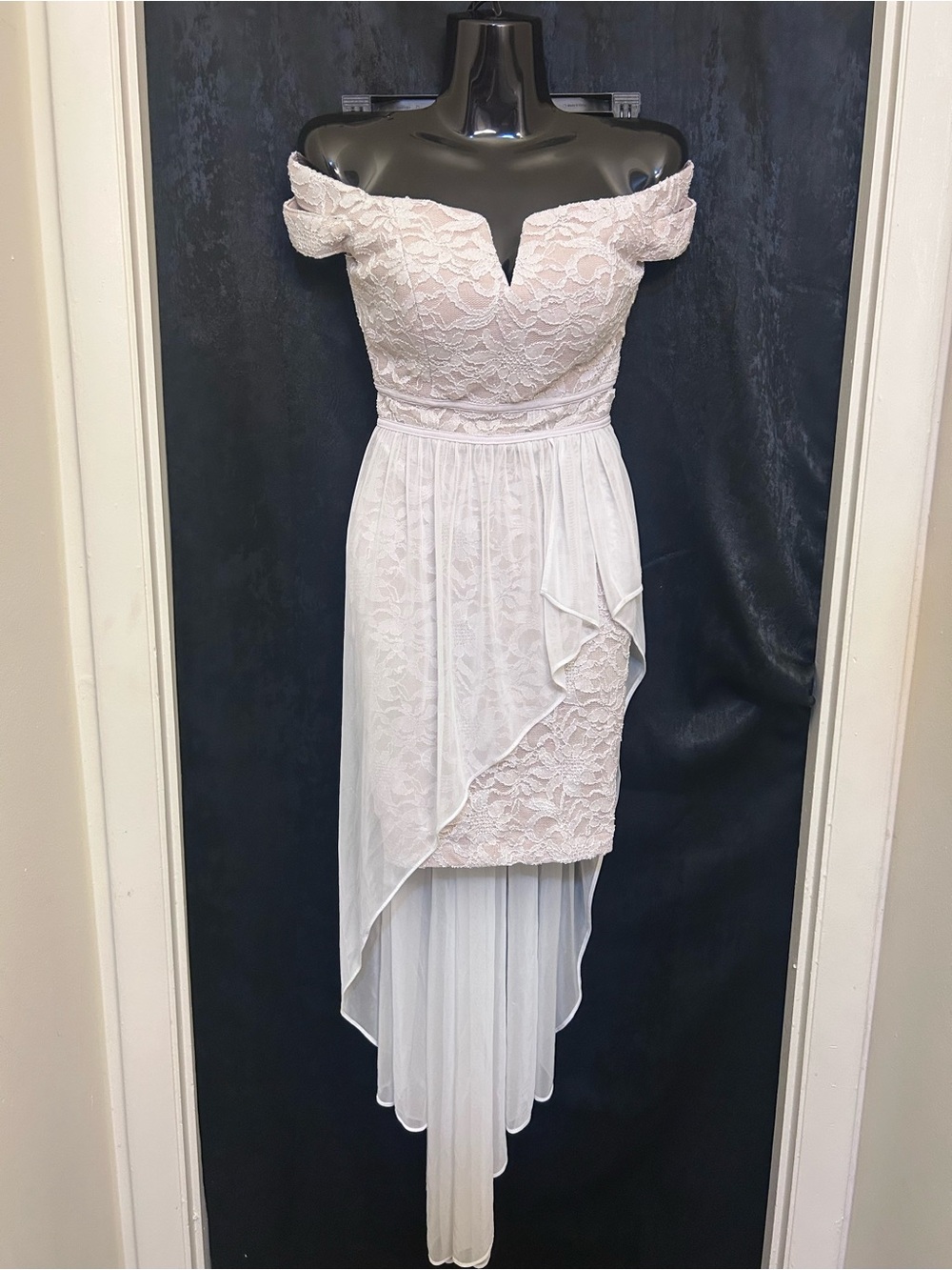 Morgan & Co. Off-Shoulder Lace High-Low Dress in Pale Pink